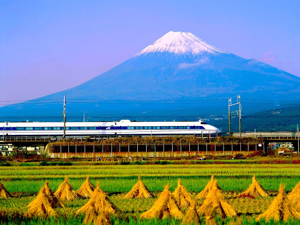 Harvesting-fields-as-Bullet-Train-screams-past-Mount-Fuji-Japan